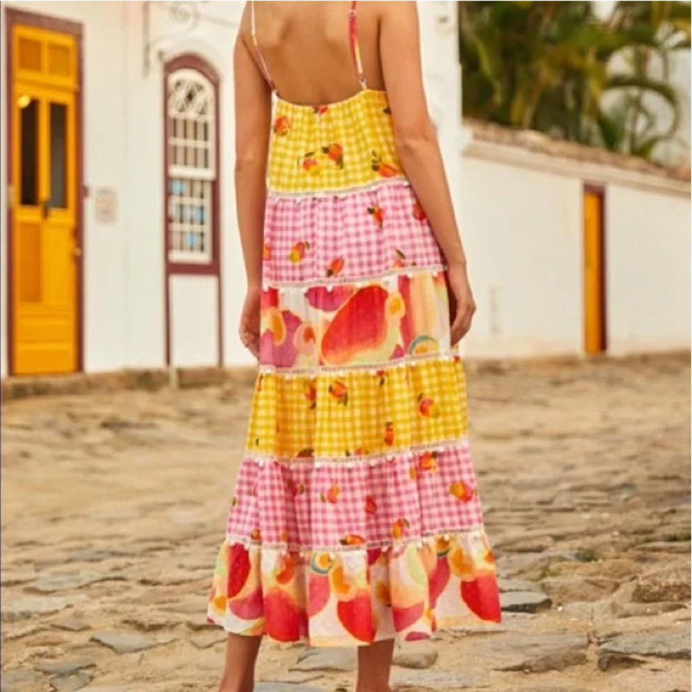 Farm Rio Mixed Picnic Cashew Dress Women's S Maxi Colorful Adjustable Halter - Picture 2 of 13